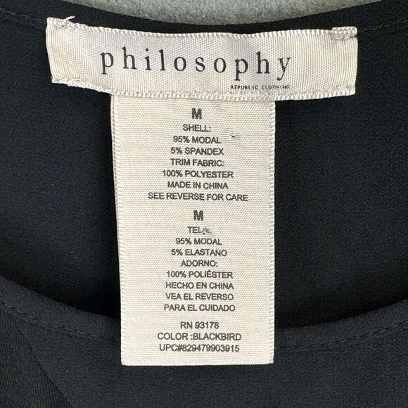 Philosophy Silky Black Top Blouse Cap Dolman Sleeve Scoop Neck Hi-Lo Staple Med - Picture 8 of 8